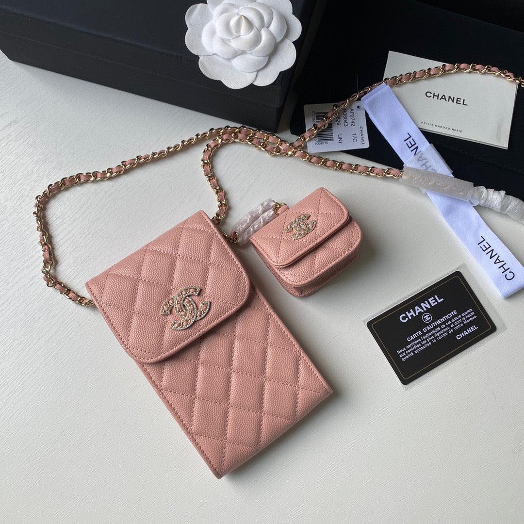 Chanel Phone Airpods Pro Case with Chain Grained Shiny Pink AP2742