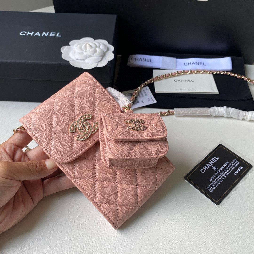 Chanel Phone Airpods Pro Case with Chain Grained Shiny Pink AP2742