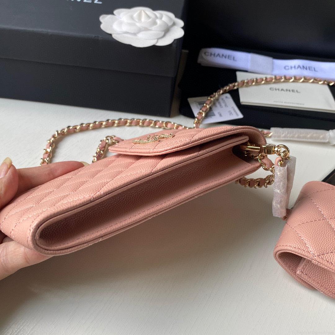Chanel Phone Airpods Pro Case with Chain Grained Shiny Pink AP2742