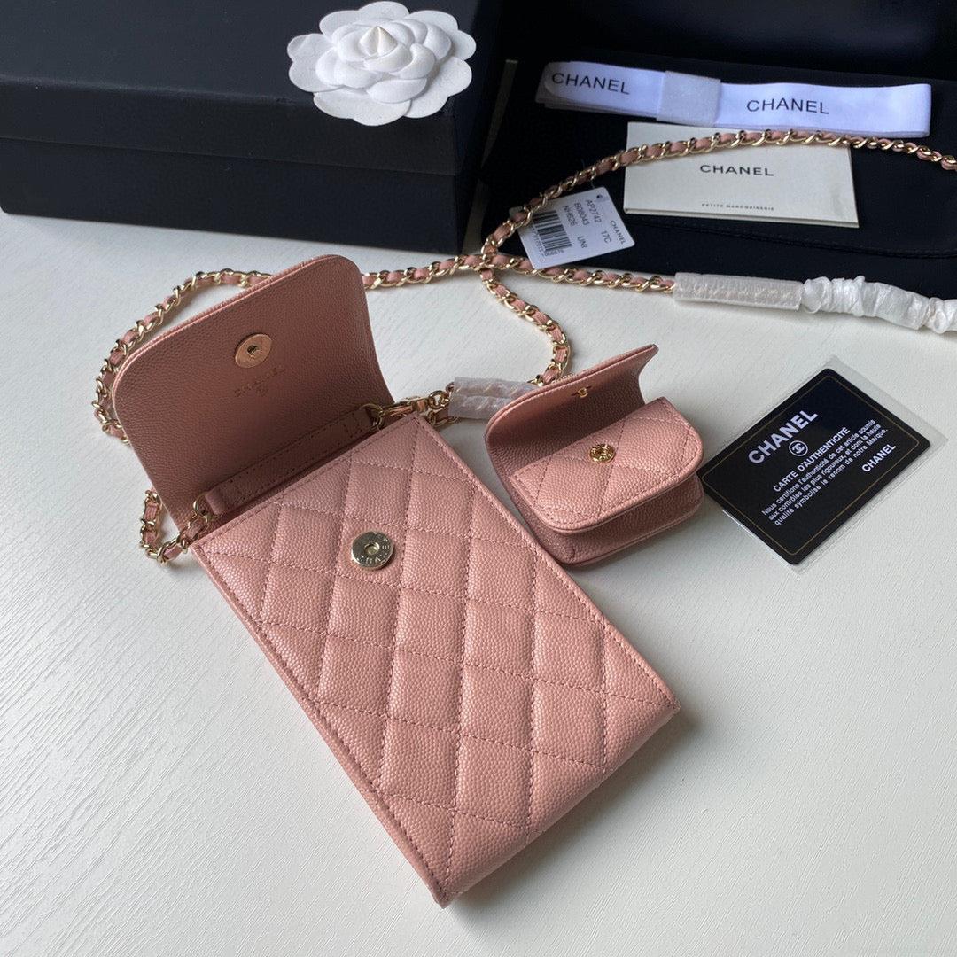Chanel Phone Airpods Pro Case with Chain Grained Shiny Pink AP2742