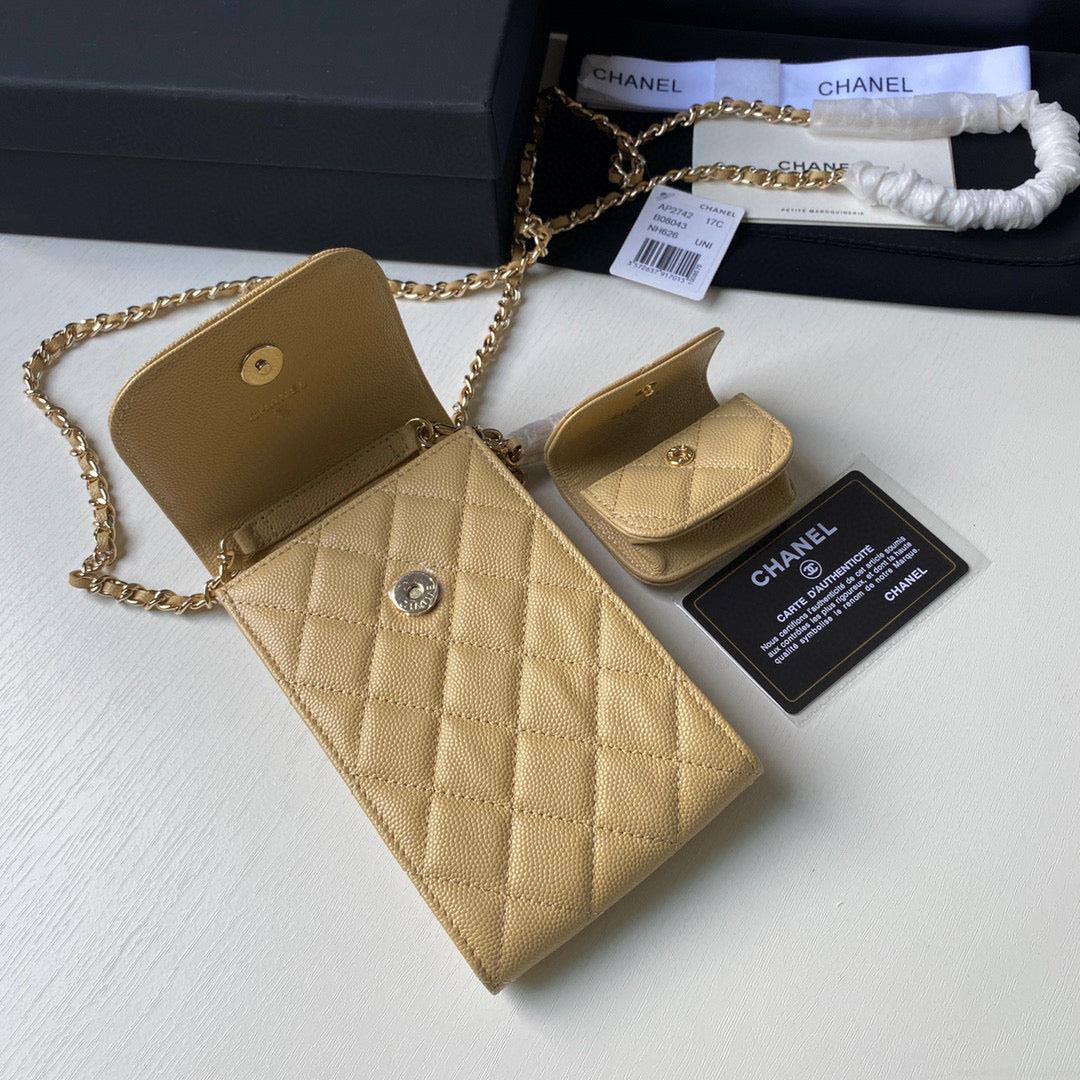 Chanel Phone Airpods Pro Case with Chain Grained Shiny AP2742 Apricot