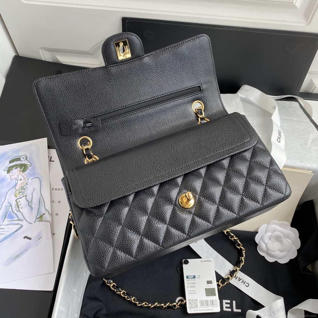 Chanel A01112 Flap Handbag Classic bag Grained shiny Calfskin Black Gold