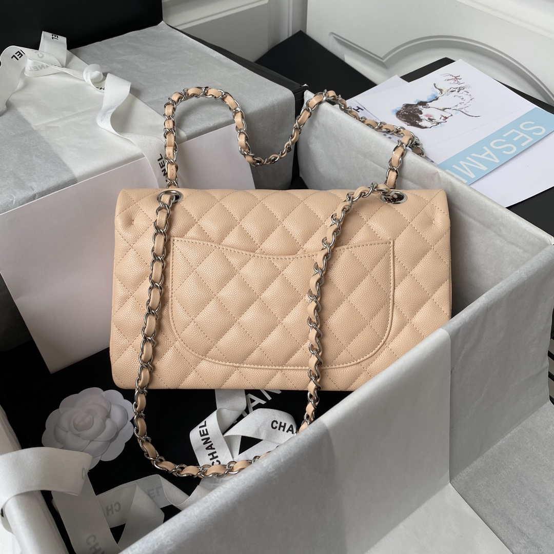 Chanel A01112 Flap Handbag Classic bag Grained shiny Calfskin Black Apricot Pink Silver