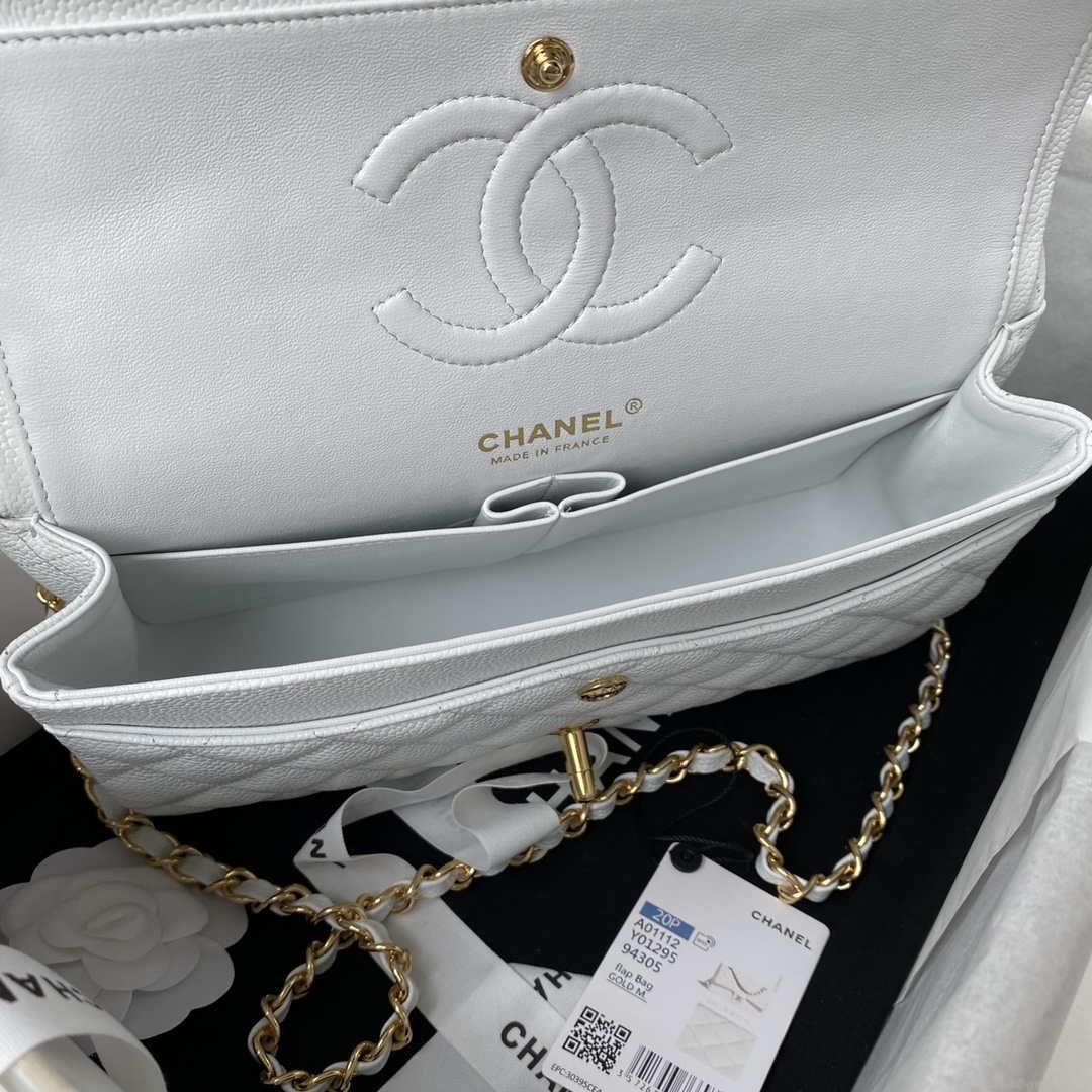 Chanel A01112 Flap Handbag Classic bag Grained shiny Calfskin White Gold