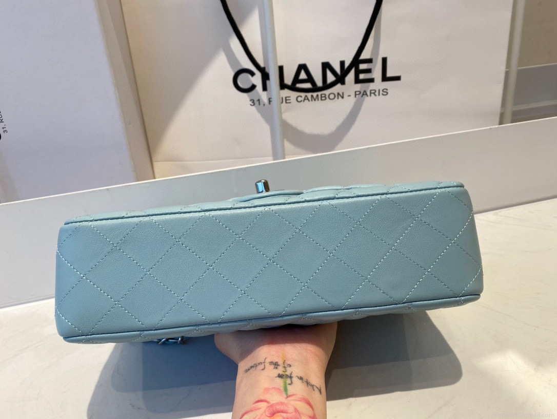 Chanel A01112 Flap Handbag Classic Bag Lambskin Light Blue Silver