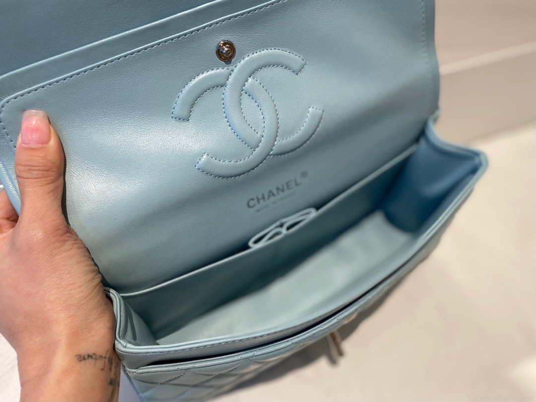 Chanel A01112 Flap Handbag Classic Bag Lambskin Light Blue Silver