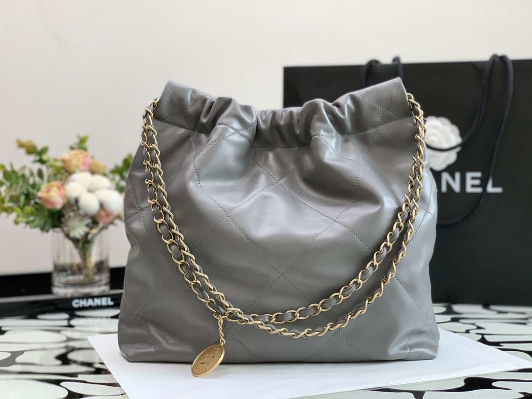 Chanel 22 Handbag Metallic Calfskin AS3261 Gray Gold Metal with Gold