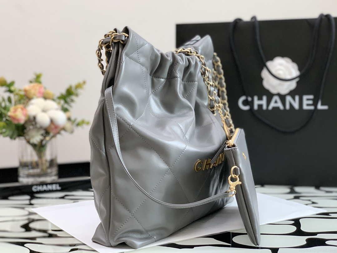 Chanel 22 Handbag Metallic Calfskin AS3261 Gray Gold Metal with Gold