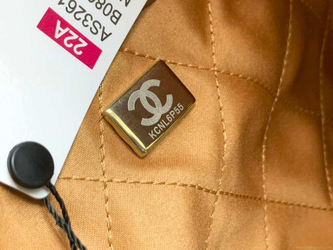 Chanel 22 Handbag Shiny Calfskin AS3261 Camel Gold-Tone Metal