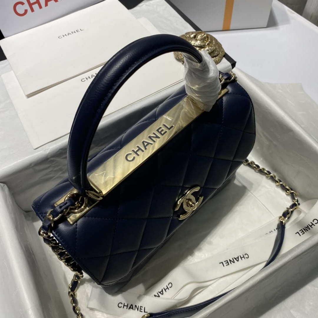 Chanel A92236 Flap Bag With Top Handle Lambskin & Gold-Tone Metal Navy Blue
