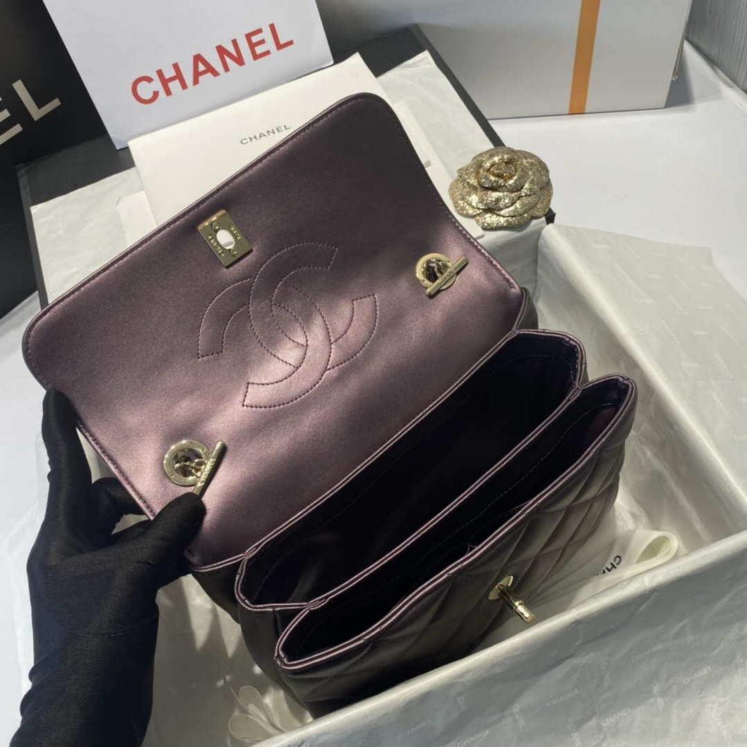 Chanel A92236 Flap Bag With Top Handle Lambskin & Gold-Tone Metal Purple