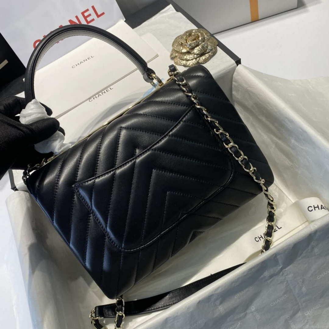 Chanel A92236 Flap Bag With Top Handle Lambskin & Gold-Tone Metal V Gird Black