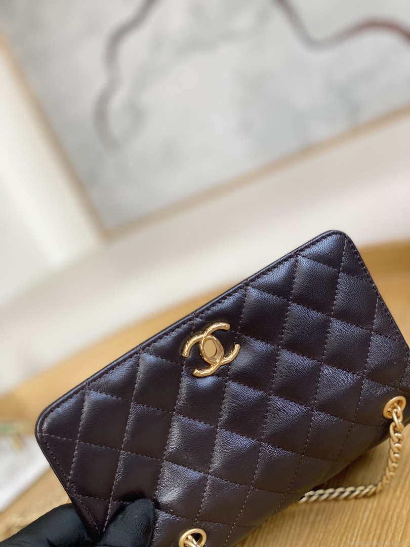 Chanel AP3043 WALLET ON CHAIN Lambskin & Gold-Tone Metal Dark Brown