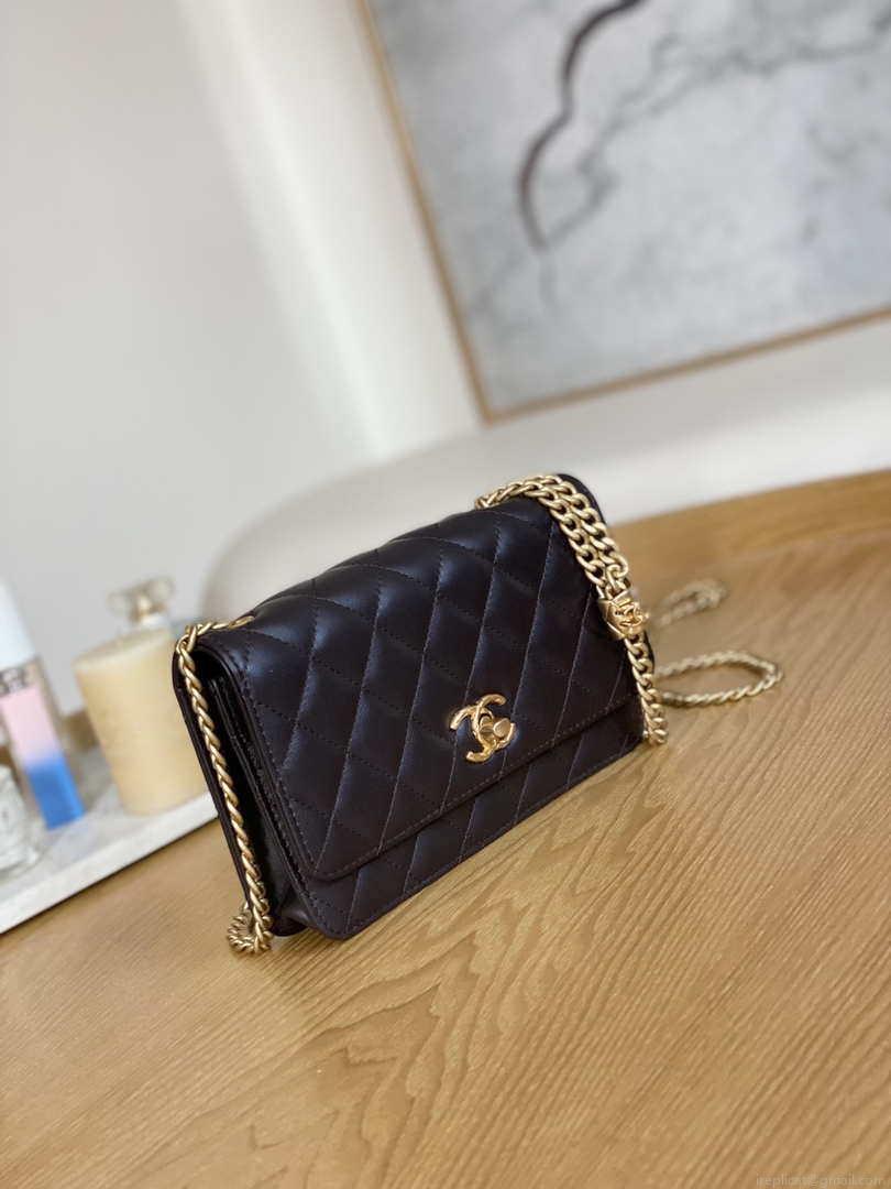 Chanel AP3043 WALLET ON CHAIN Lambskin & Gold-Tone Metal Dark Brown