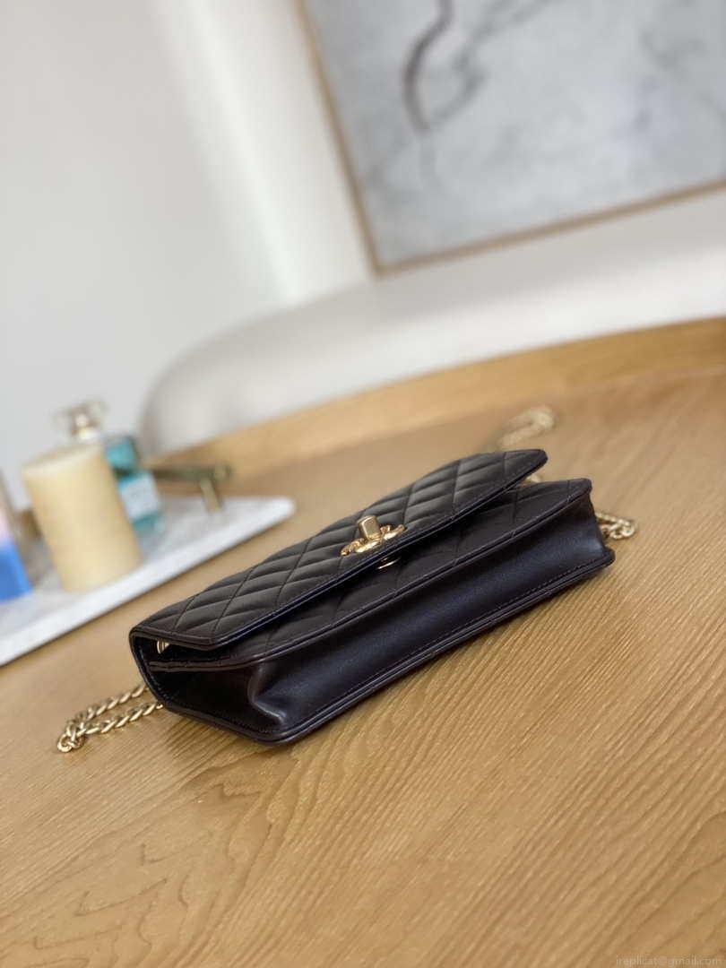 Chanel AP3043 WALLET ON CHAIN Lambskin & Gold-Tone Metal Dark Brown