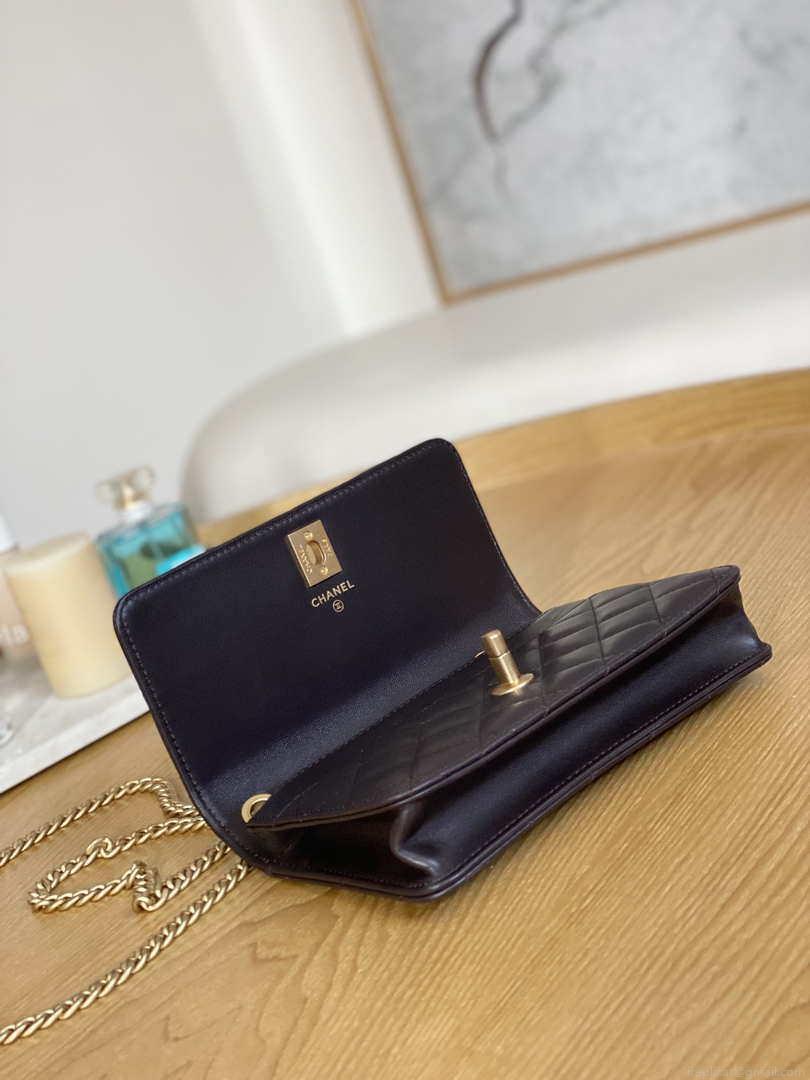 Chanel AP3043 WALLET ON CHAIN Lambskin & Gold-Tone Metal Dark Brown