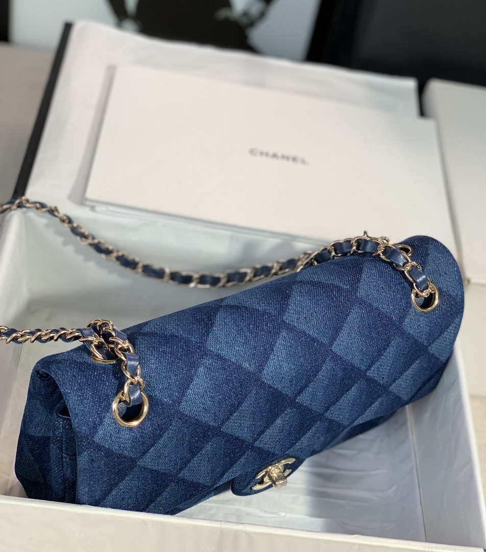 Chanel Flap Classic bag Denim Blue A01112 Gold