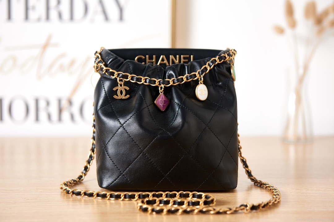 Chanel AS3793 Small Bucket Bag Lambskin Resin & Gold-Tone Metal Black