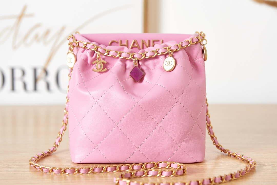 Chanel AS3793 Small Bucket Bag Lambskin Resin & Gold-Tone Metal Pink