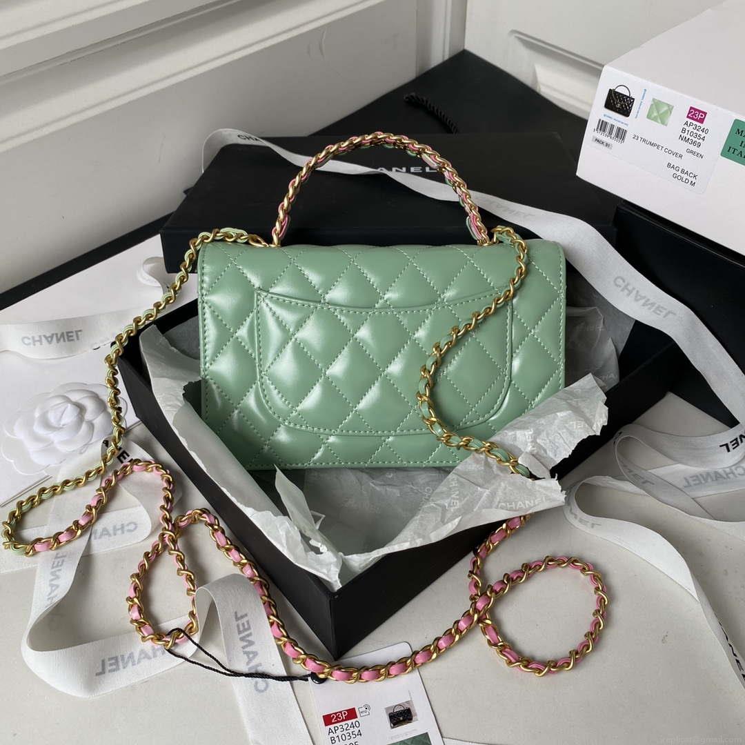 Chanel AP3240 Flap Bag With Top Handle Lambskin & Gold-Tone Metal Green