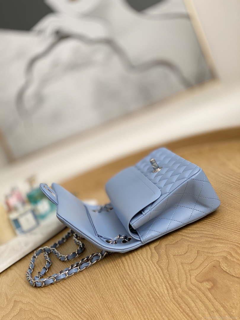 Chanel A01112 Flap Classic Bag Lambskin Light Blue Silver