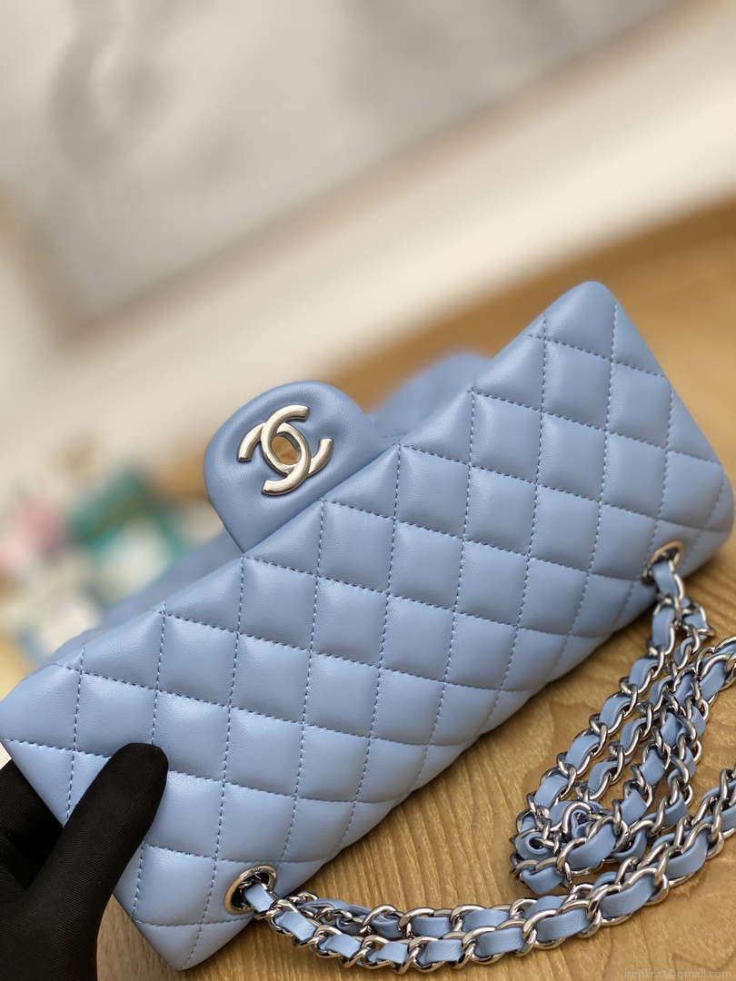 Chanel A01112 Flap Classic Bag Lambskin Light Blue Silver