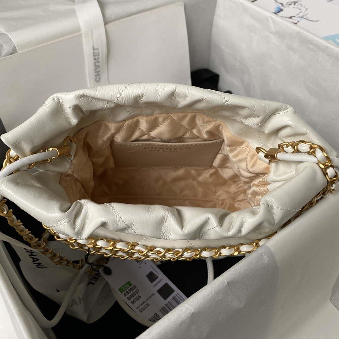 Chanel 22 Mini Handbag AS3980 Shiny Calfskin & Gold-Tone Metal White