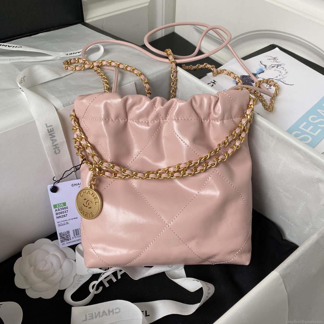 Chanel 22 Mini Handbag AS3980 Shiny Calfskin & Gold-Tone Metal Pink