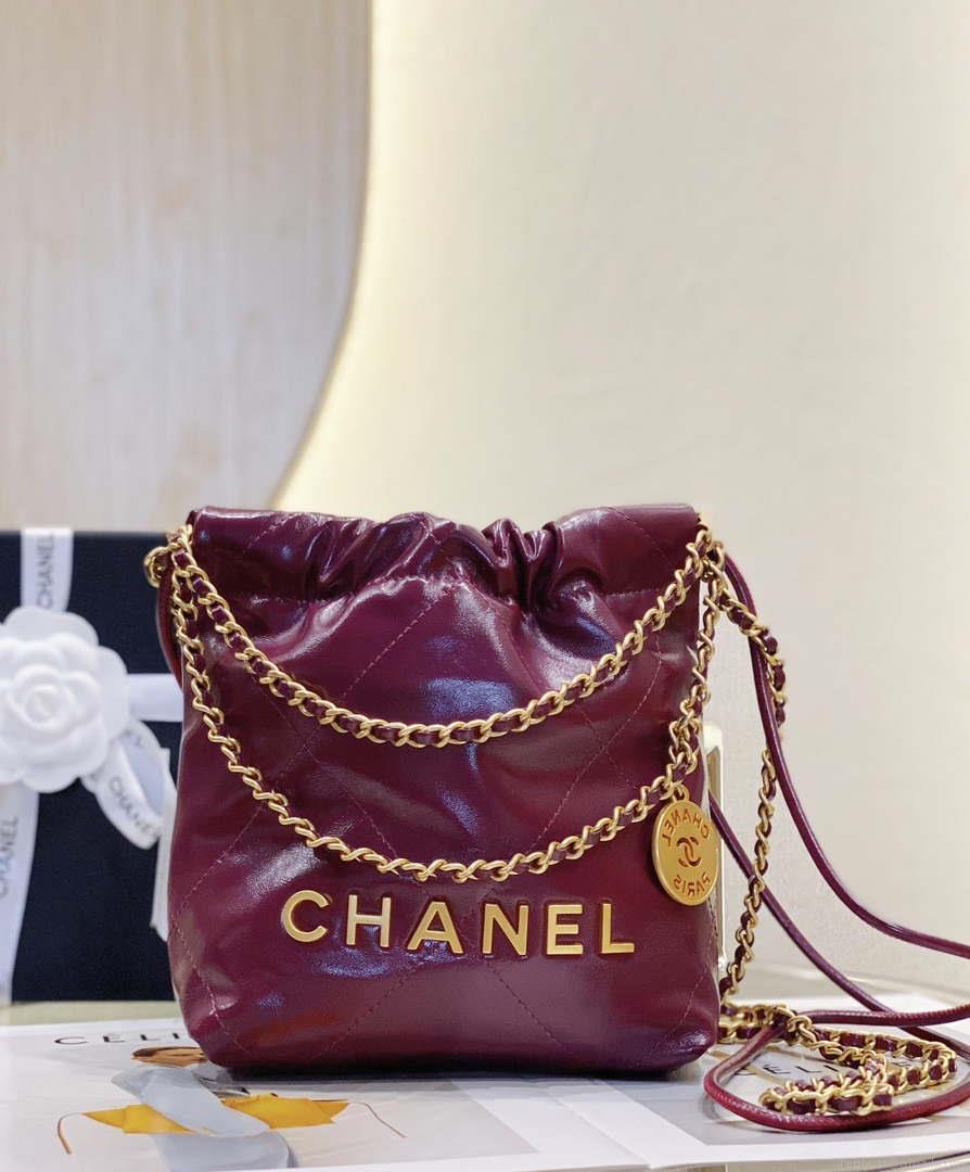 Chanel 22 Mini Handbag AS3980 Shiny Calfskin & Gold-Tone Metal Purple Red
