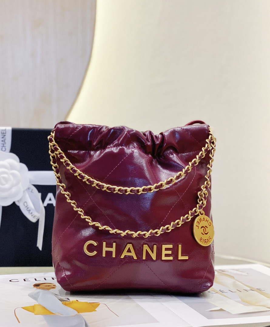 Chanel 22 Mini Handbag AS3980 Shiny Calfskin & Gold-Tone Metal Purple Red