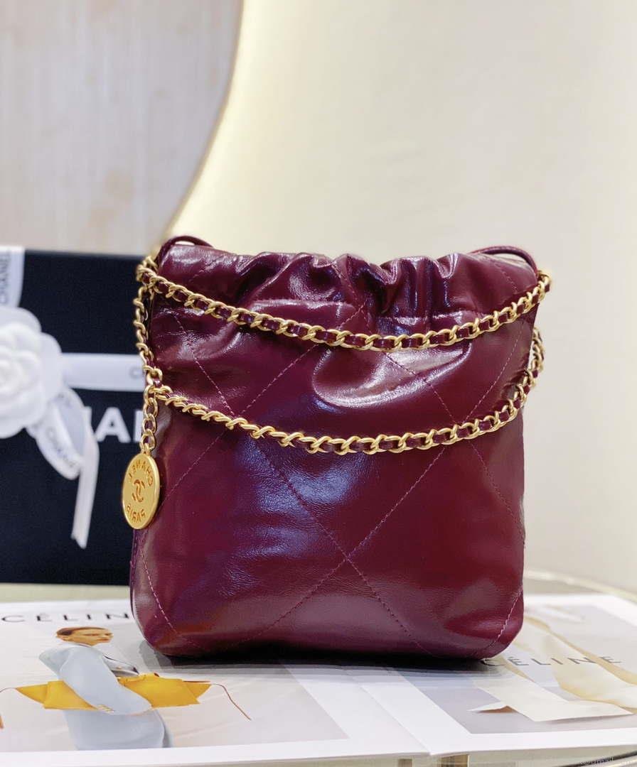 Chanel 22 Mini Handbag AS3980 Shiny Calfskin & Gold-Tone Metal Purple Red