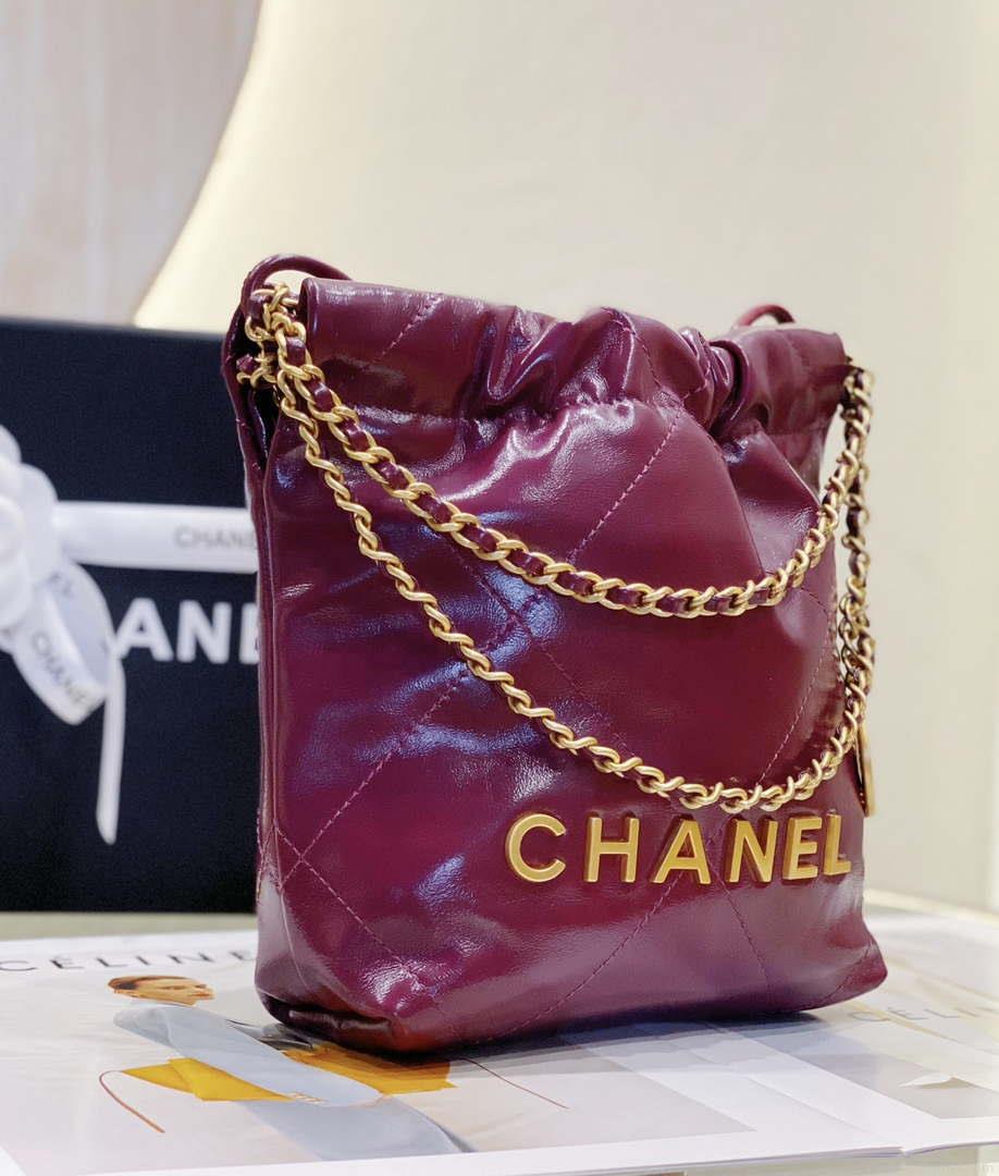 Chanel 22 Mini Handbag AS3980 Shiny Calfskin & Gold-Tone Metal Purple Red