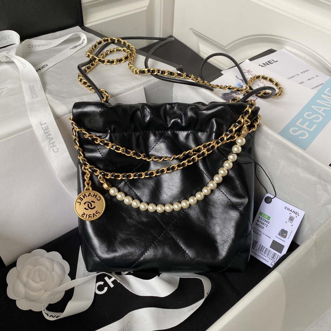 Chanel AS3980 22 Mini Handbag Shiny Crumpled Calfskin & Gold-Tone Metal Black