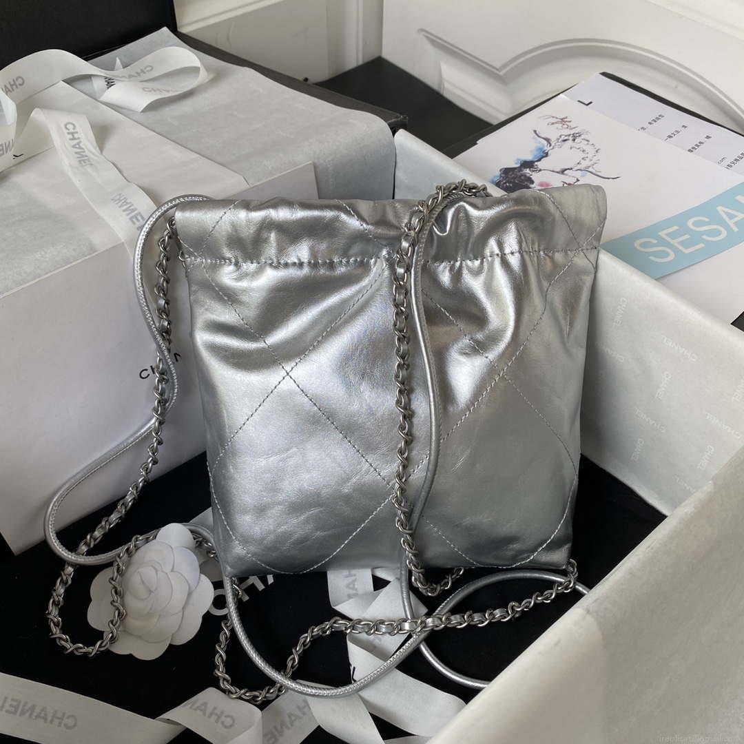 Chanel 22 AS3980 Mini Handbag Shiny Calfskin & Silver-Tone Metal Silver