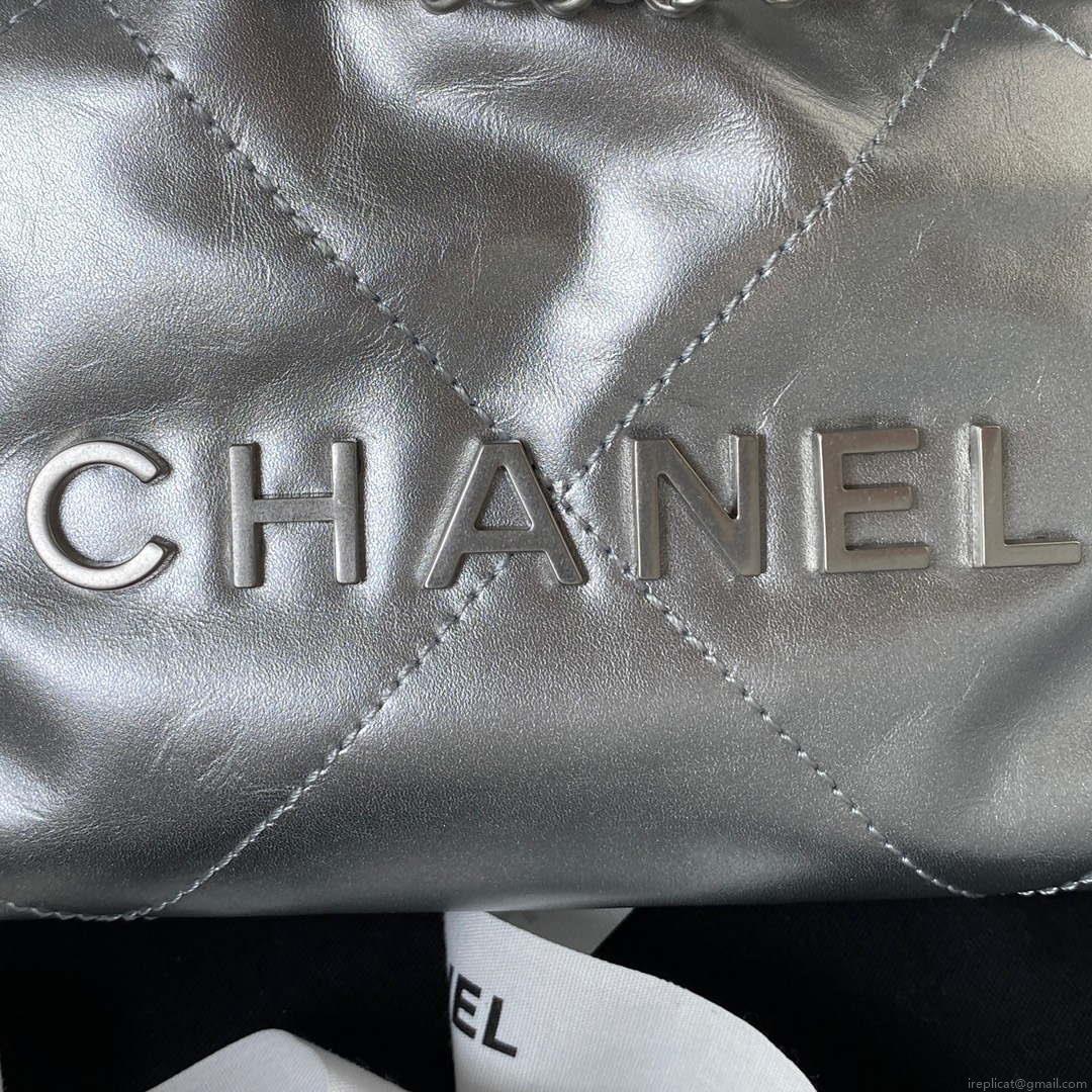 Chanel 22 AS3980 Mini Handbag Shiny Calfskin & Silver-Tone Metal Silver