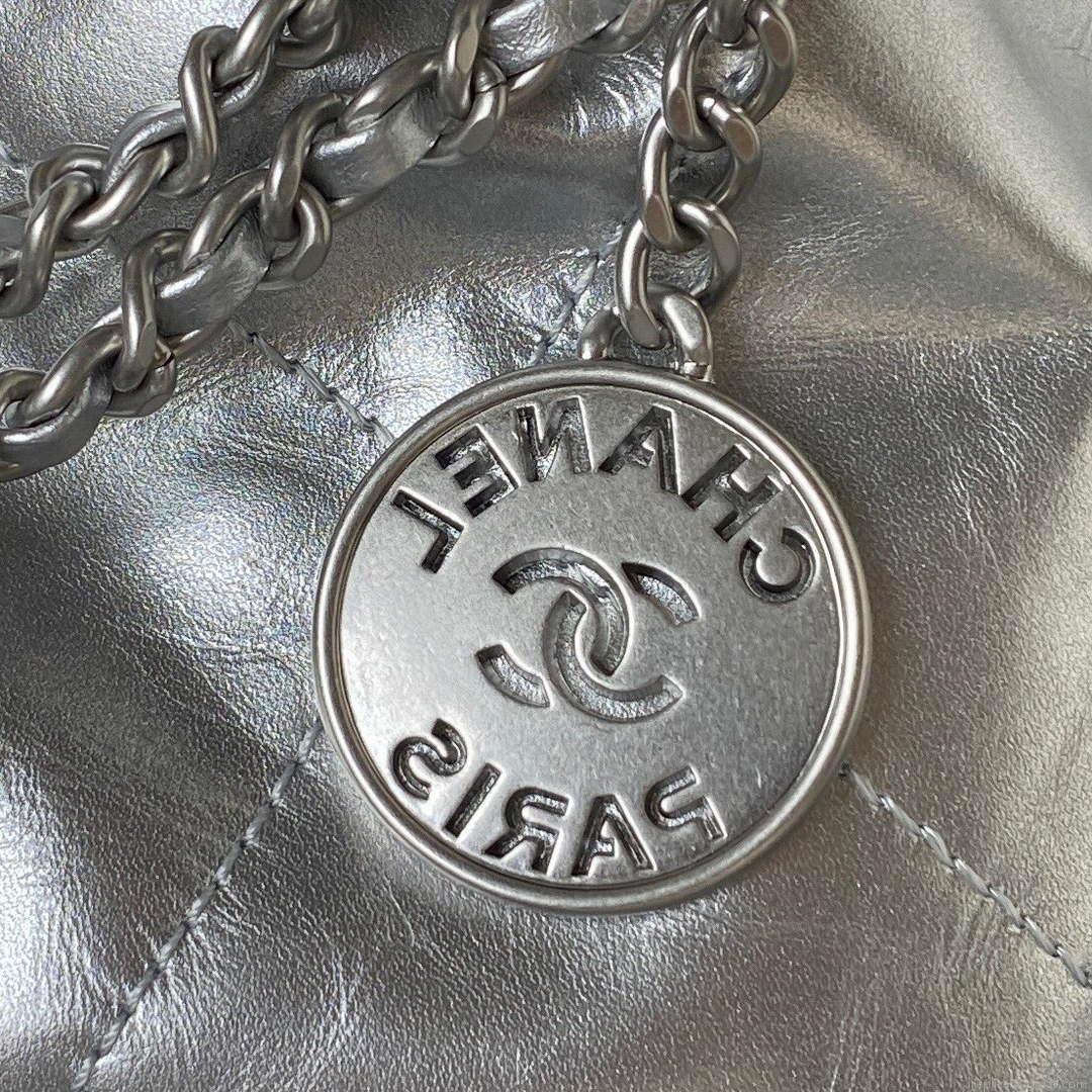 Chanel 22 AS3980 Mini Handbag Shiny Calfskin & Silver-Tone Metal Silver