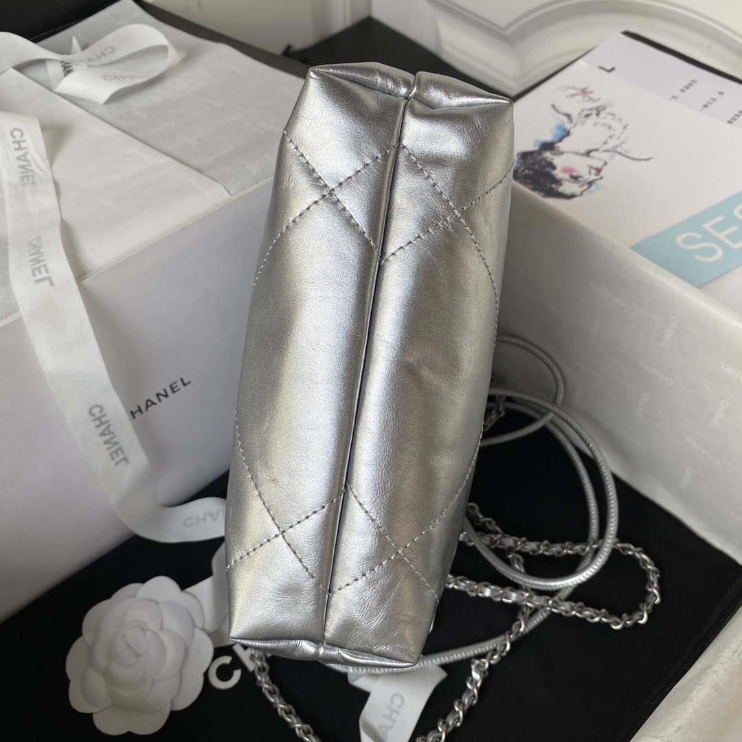 Chanel 22 AS3980 Mini Handbag Shiny Calfskin & Silver-Tone Metal Silver