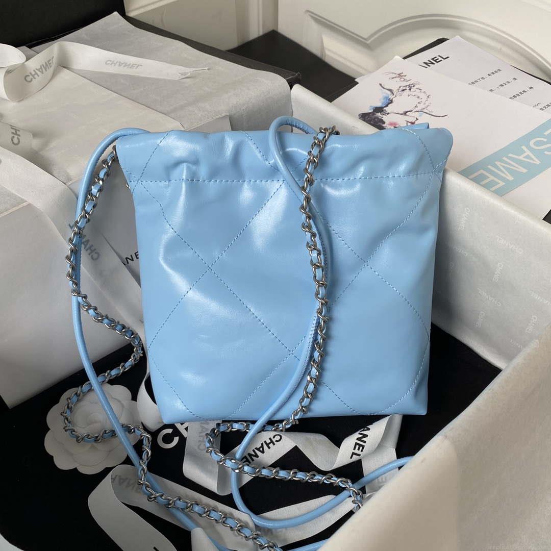 Chanel 22 AS3980 Mini Handbag Shiny Calfskin & Silver-Tone Metal Sky blue