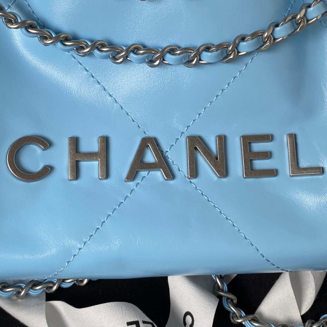 Chanel 22 AS3980 Mini Handbag Shiny Calfskin & Silver-Tone Metal Sky blue