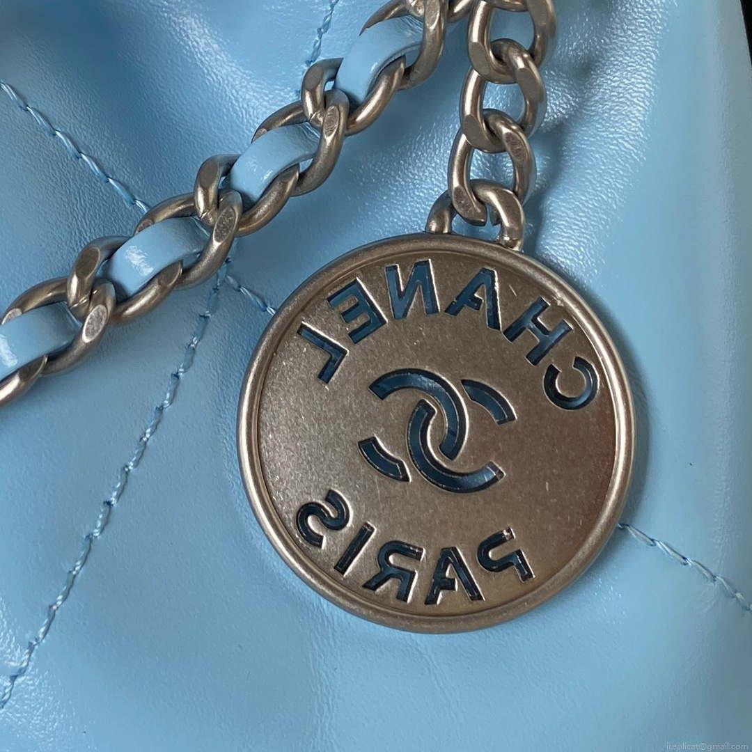 Chanel 22 AS3980 Mini Handbag Shiny Calfskin & Silver-Tone Metal Sky blue