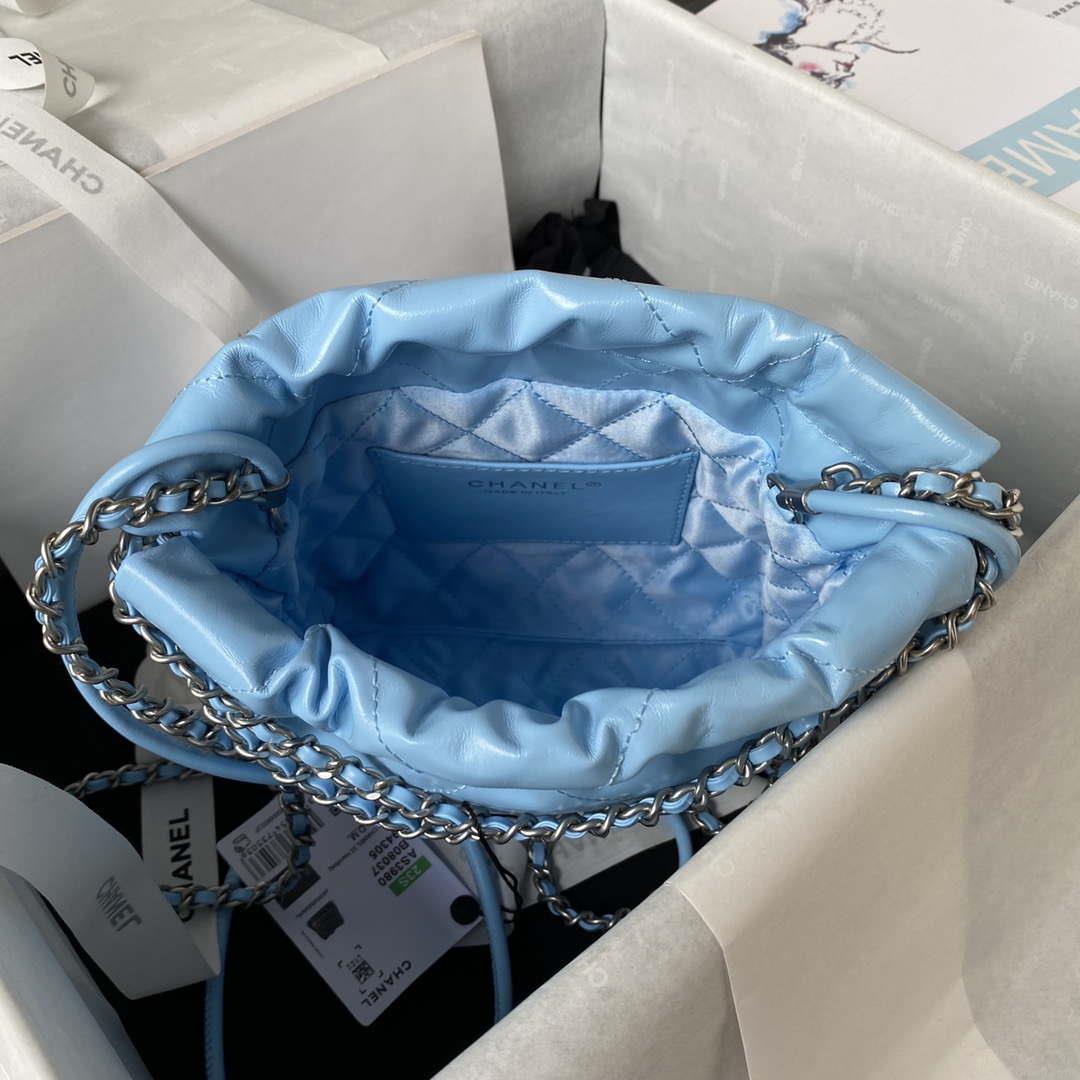 Chanel 22 AS3980 Mini Handbag Shiny Calfskin & Silver-Tone Metal Sky blue