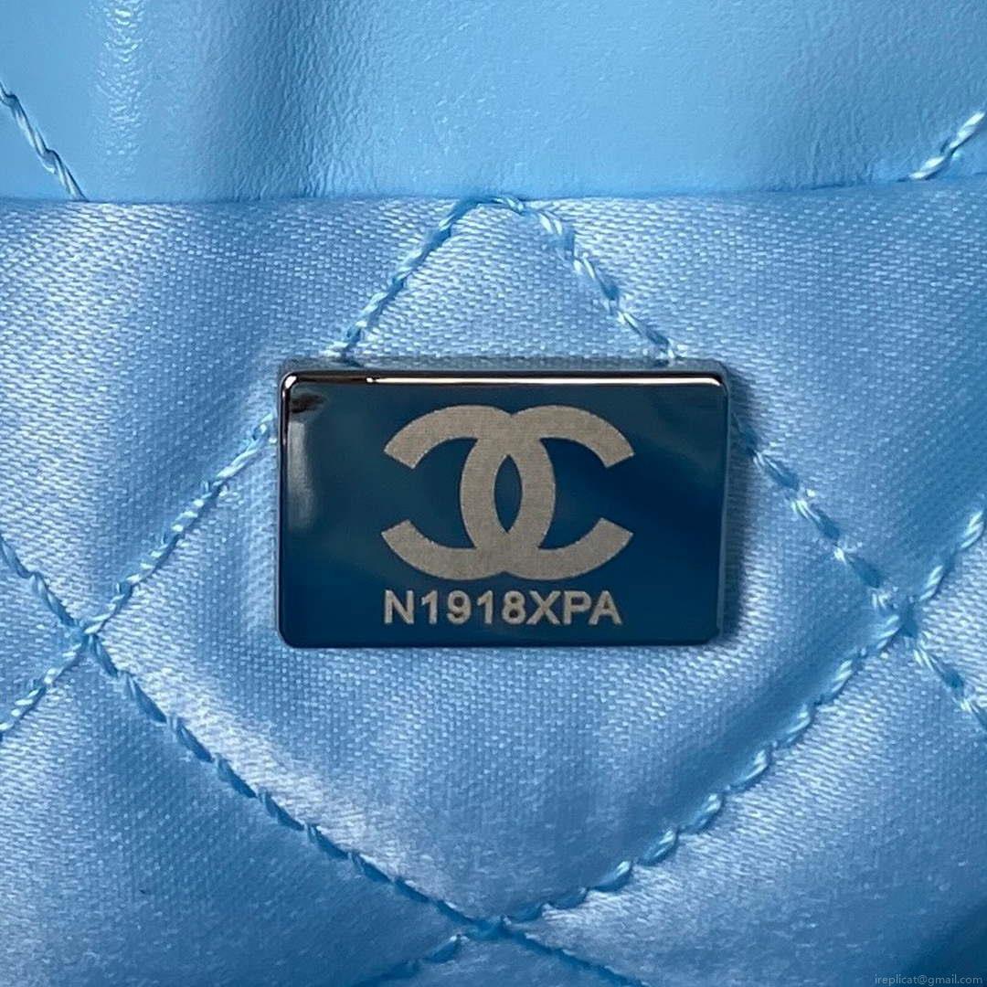 Chanel 22 AS3980 Mini Handbag Shiny Calfskin & Silver-Tone Metal Sky blue