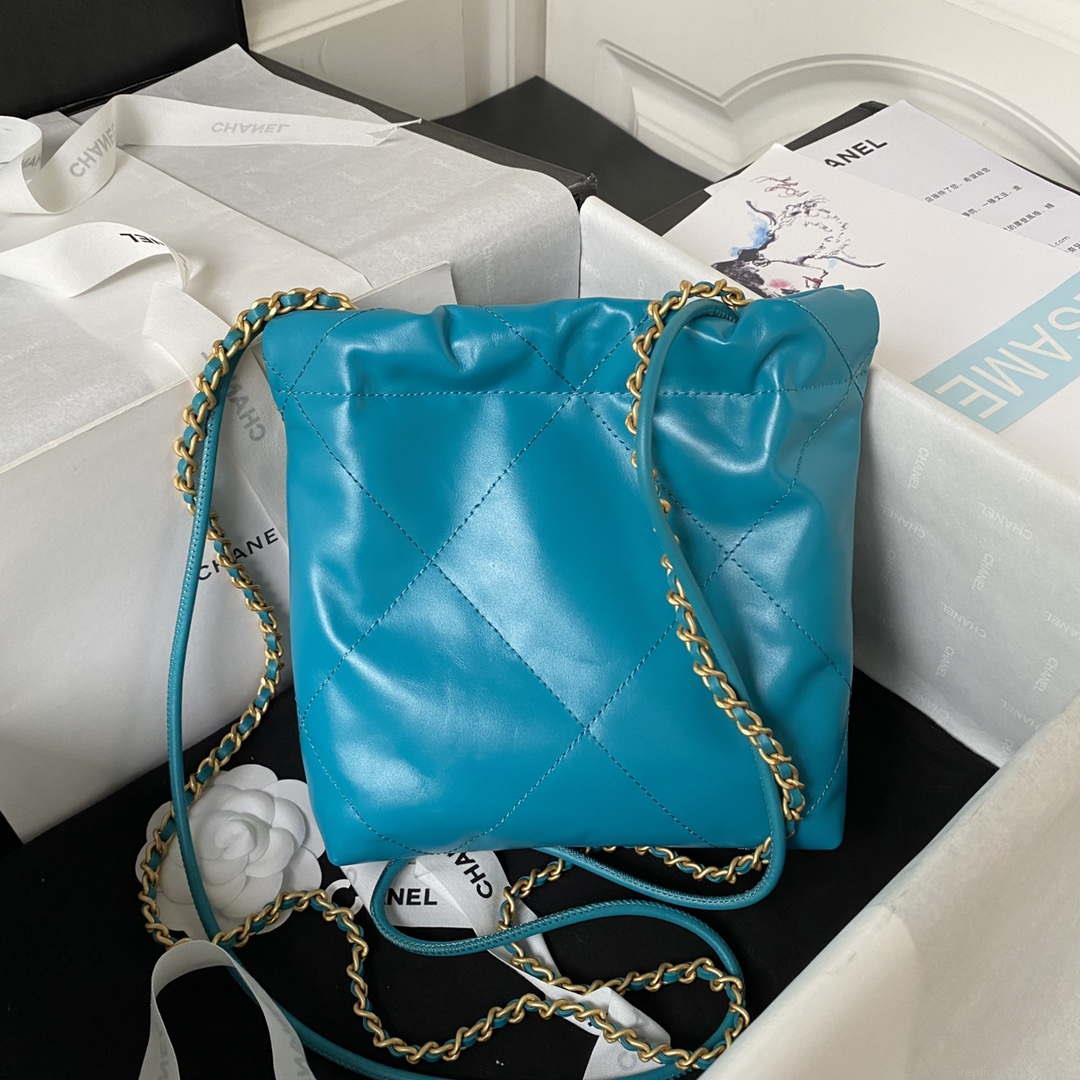 Chanel 22 Mini Handbag AS3980 Shiny Calfskin & Gold-Tone Metal Lake Blue