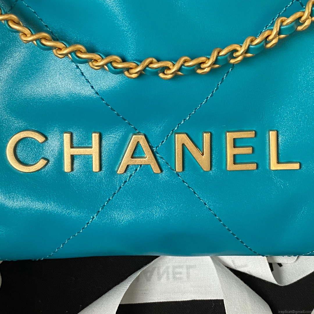 Chanel 22 Mini Handbag AS3980 Shiny Calfskin & Gold-Tone Metal Lake Blue
