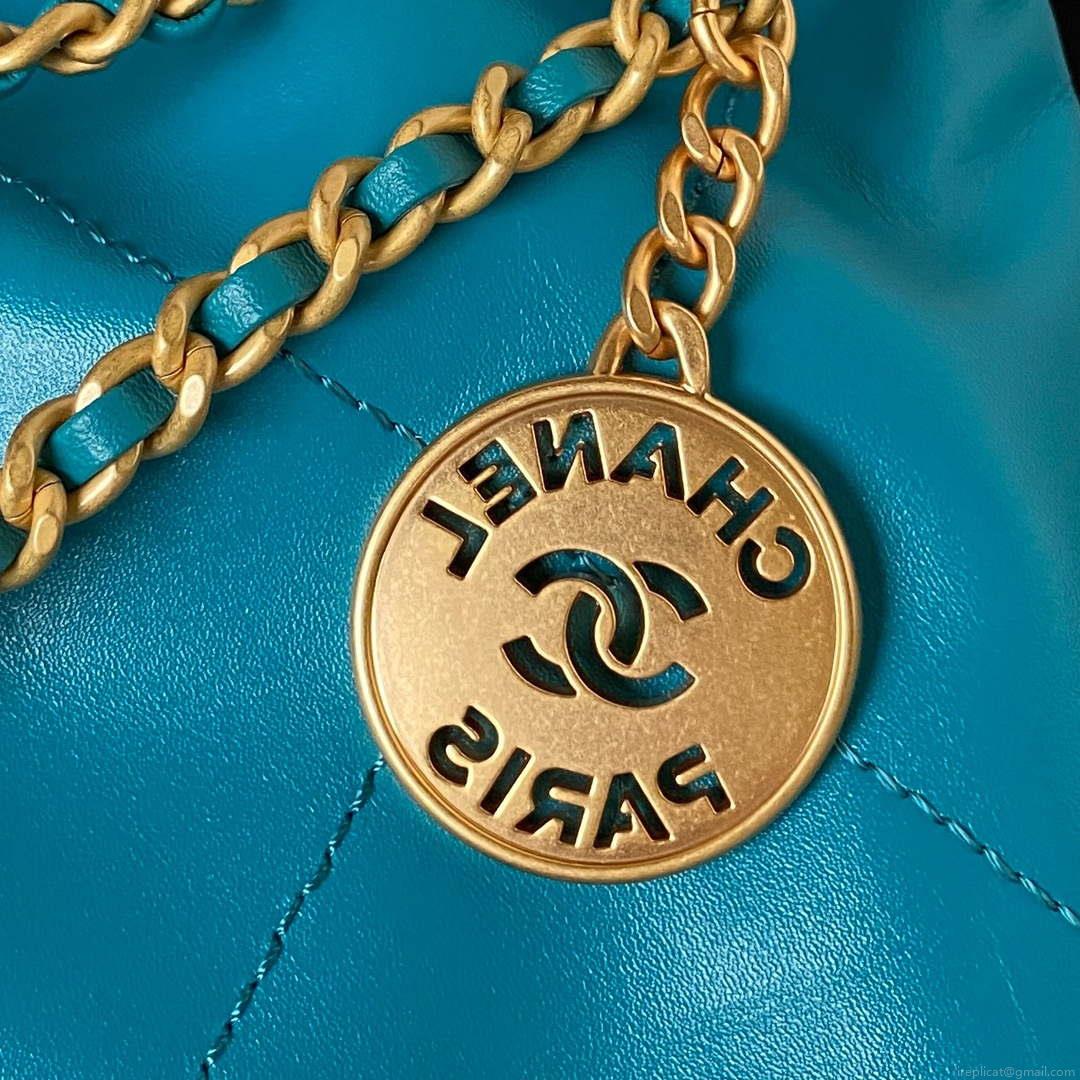 Chanel 22 Mini Handbag AS3980 Shiny Calfskin & Gold-Tone Metal Lake Blue