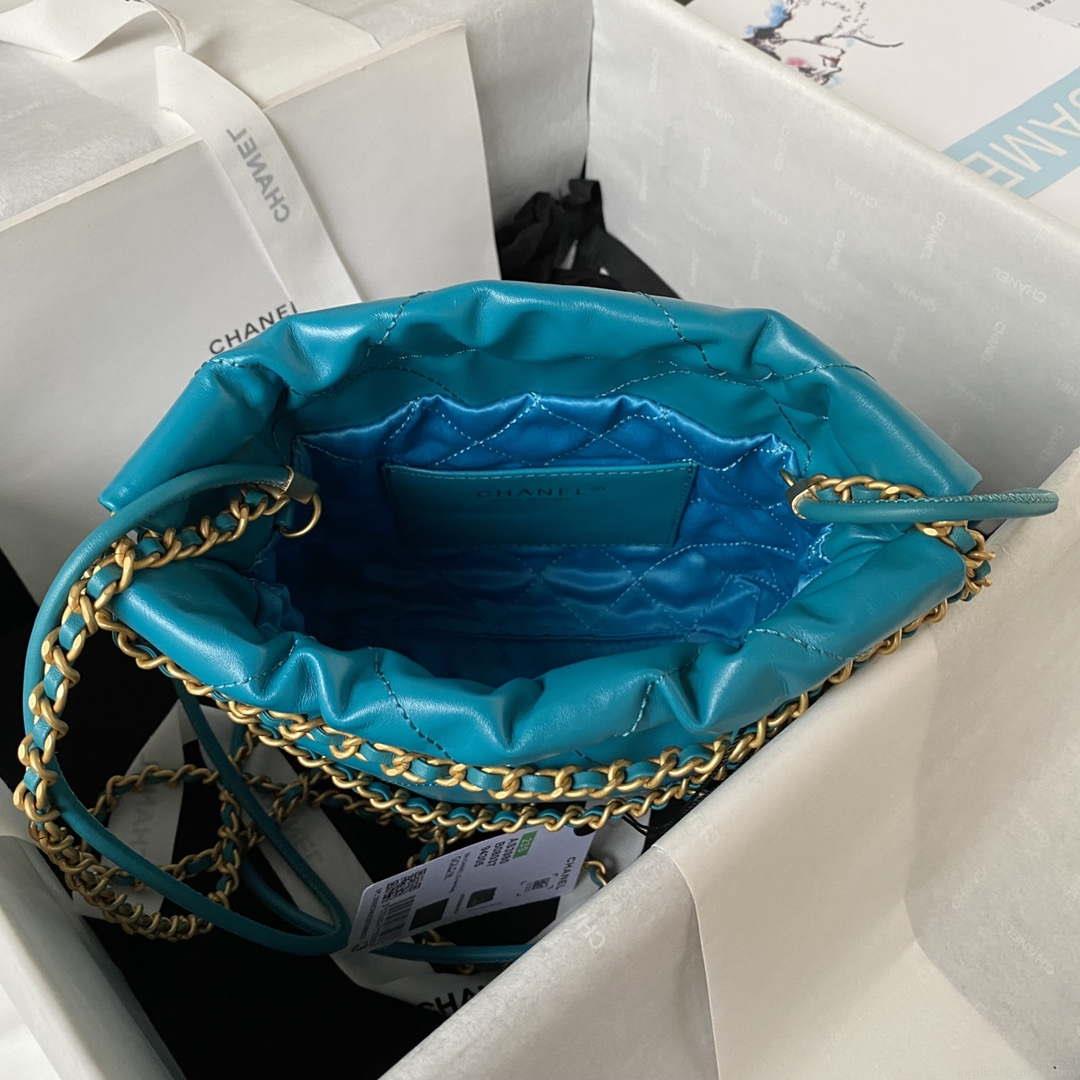 Chanel 22 Mini Handbag AS3980 Shiny Calfskin & Gold-Tone Metal Lake Blue