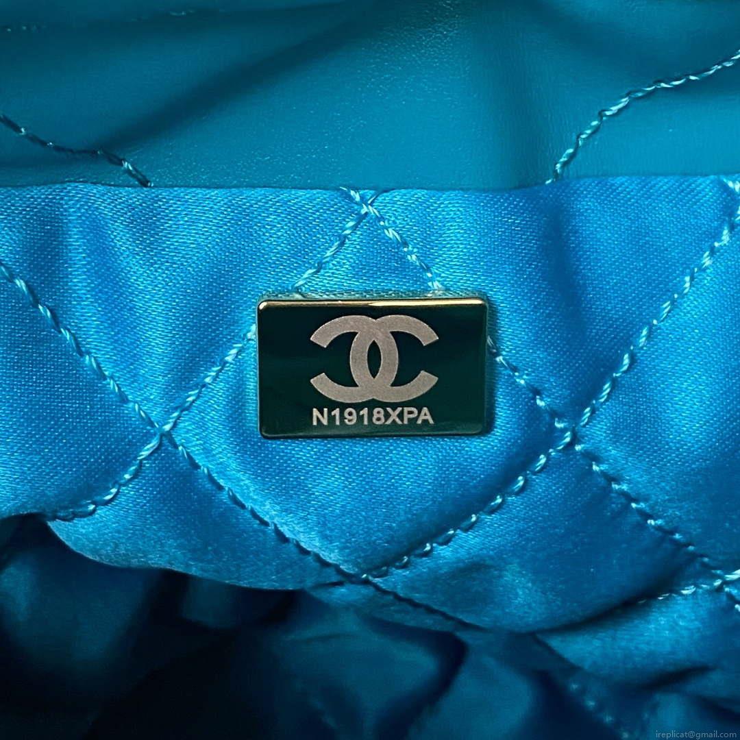 Chanel 22 Mini Handbag AS3980 Shiny Calfskin & Gold-Tone Metal Lake Blue