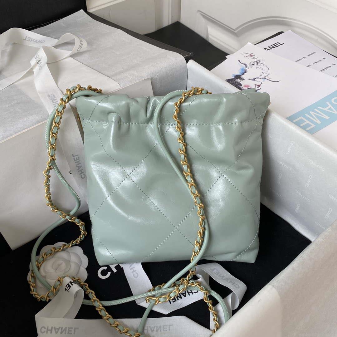 Chanel 22 Mini Handbag AS3980 Shiny Calfskin & Gold-Tone Metal Green Gray