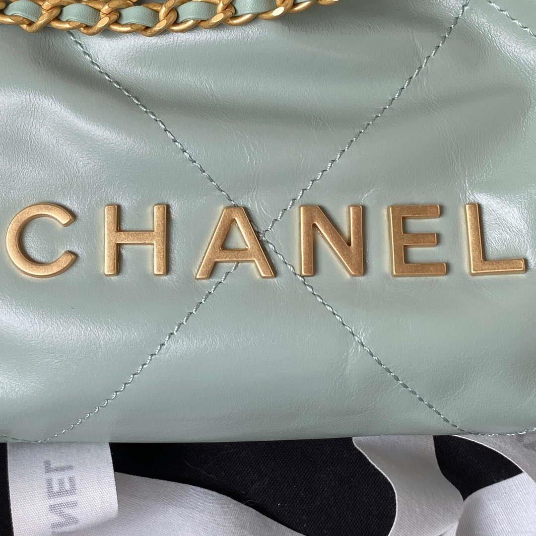 Chanel 22 Mini Handbag AS3980 Shiny Calfskin & Gold-Tone Metal Green Gray