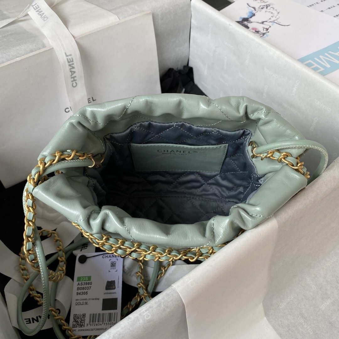 Chanel 22 Mini Handbag AS3980 Shiny Calfskin & Gold-Tone Metal Green Gray